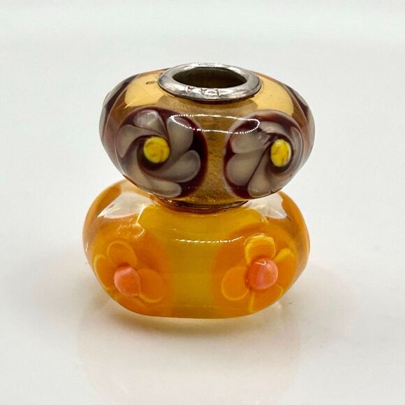 TROLLBEADS Lot of 2 UU Yellow & Brown Textured Flower Swirl Uniques LAA 925S - Picture 5 of 5